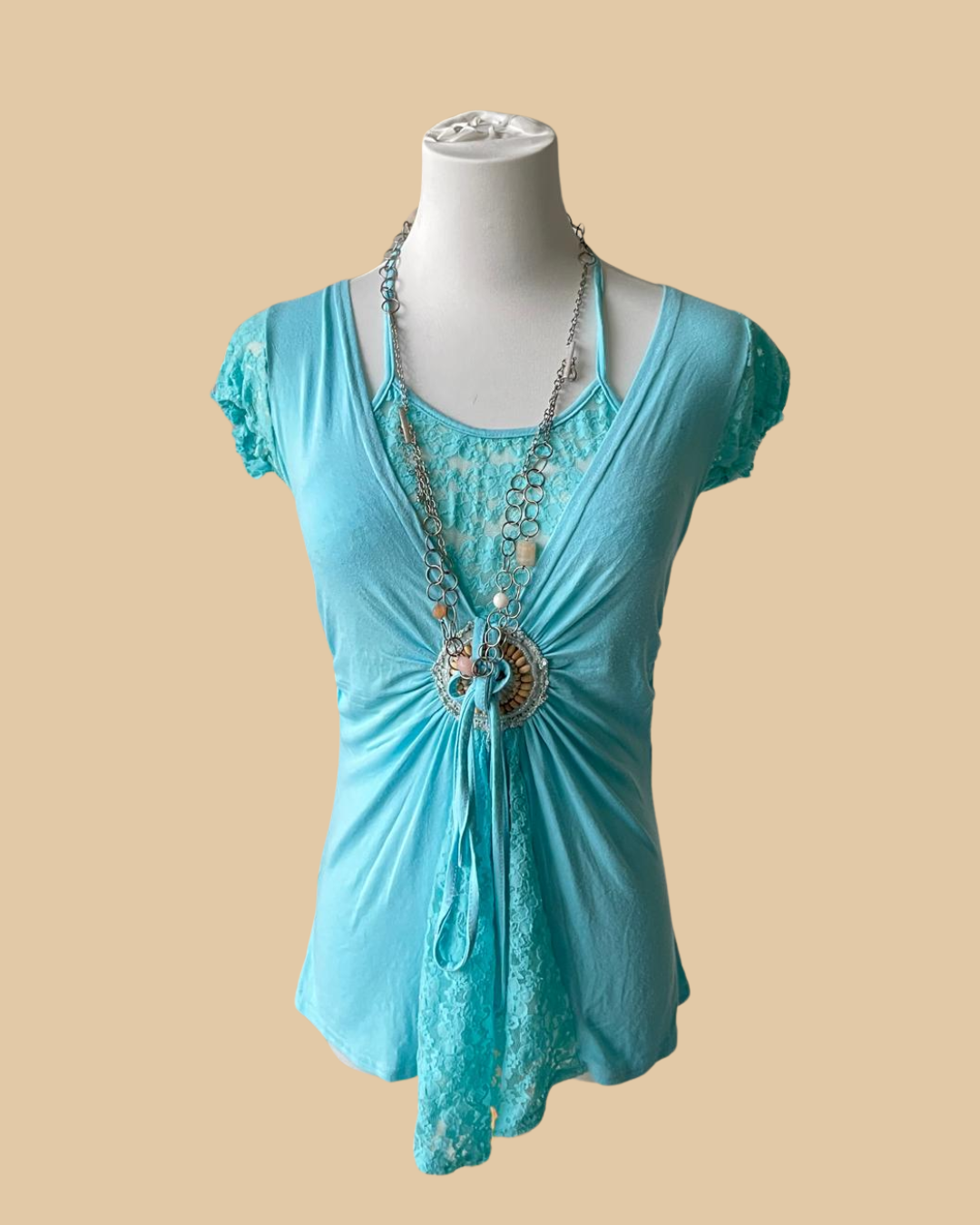 Cecilia Paris Blue Y2K Turquoise Laced Beaded Short Sleeves Top