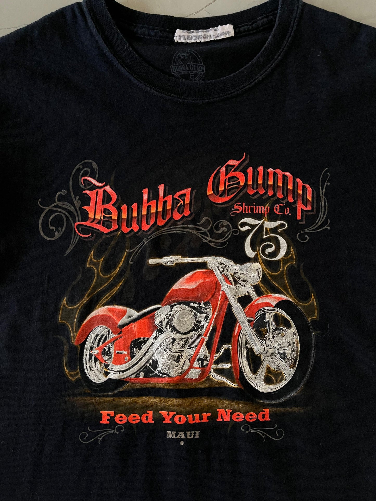 Bubba Gump Mens T-Shirt (S) Shrimp Co. Monterey 75 Years Motorcycle Graphic