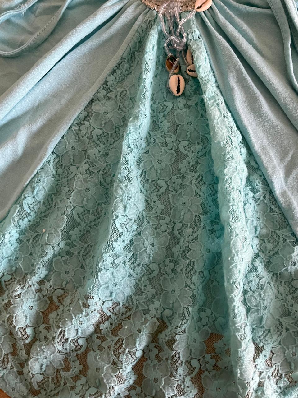 Cecilia Paris Blue Y2K Turquoise Laced Beaded Short Sleeves Top