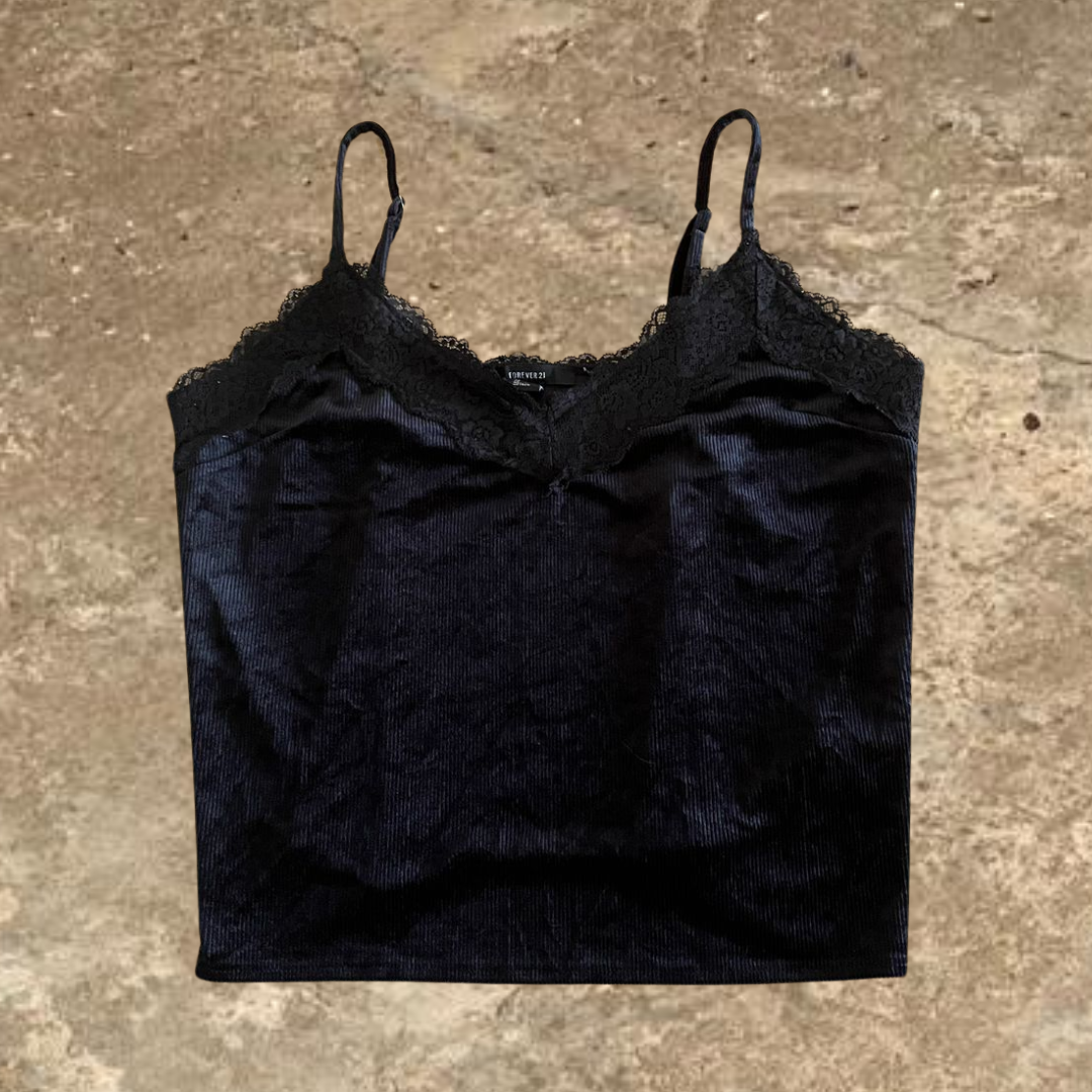 Forever21 Black V-neck Laced Velvet Women's Top