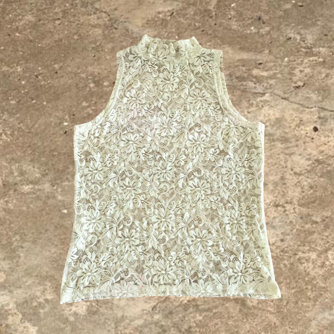 H.FLO Fashion White Laced Turtle Neck Tank Top