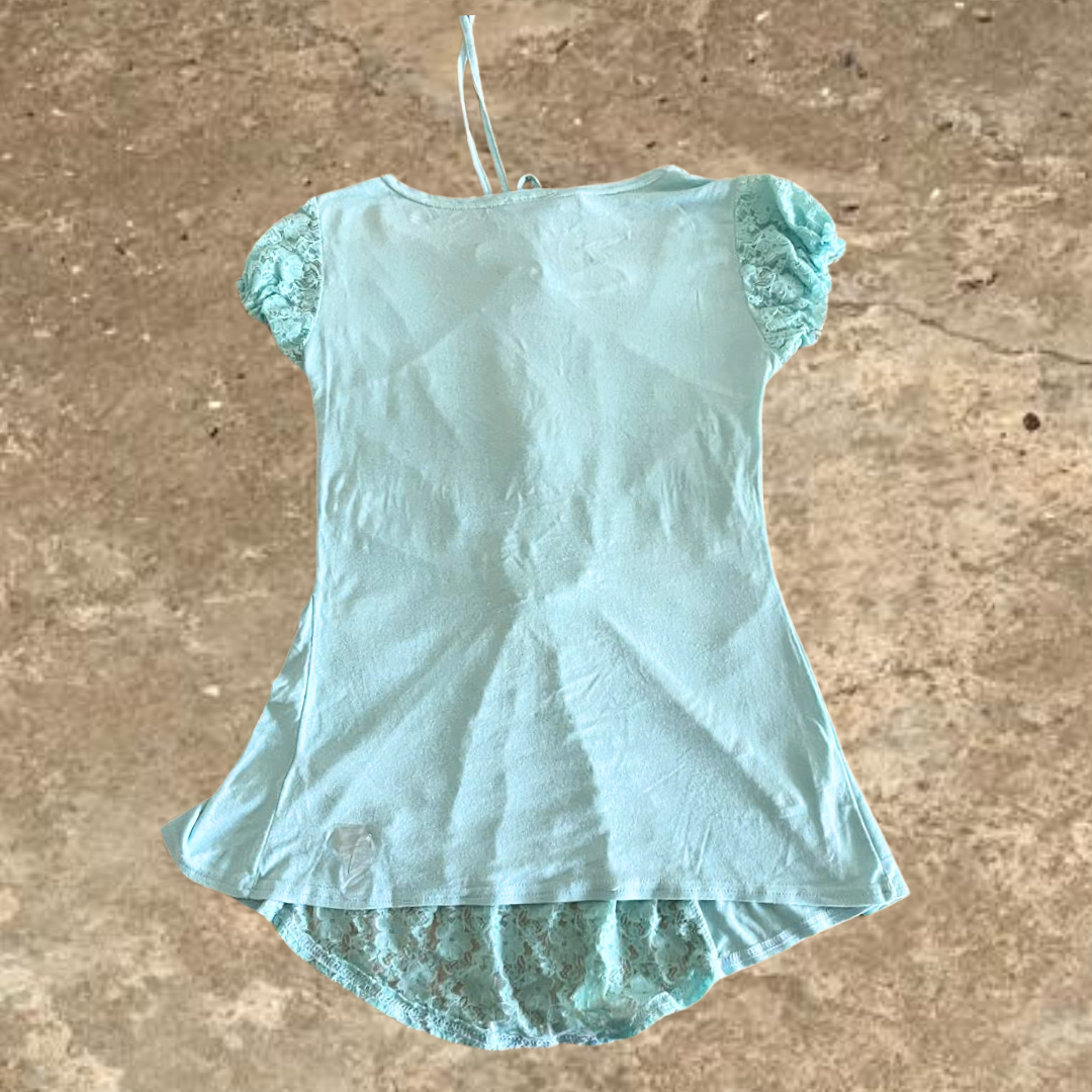 Cecilia Paris Blue Y2K Turquoise Laced Beaded Short Sleeves Top