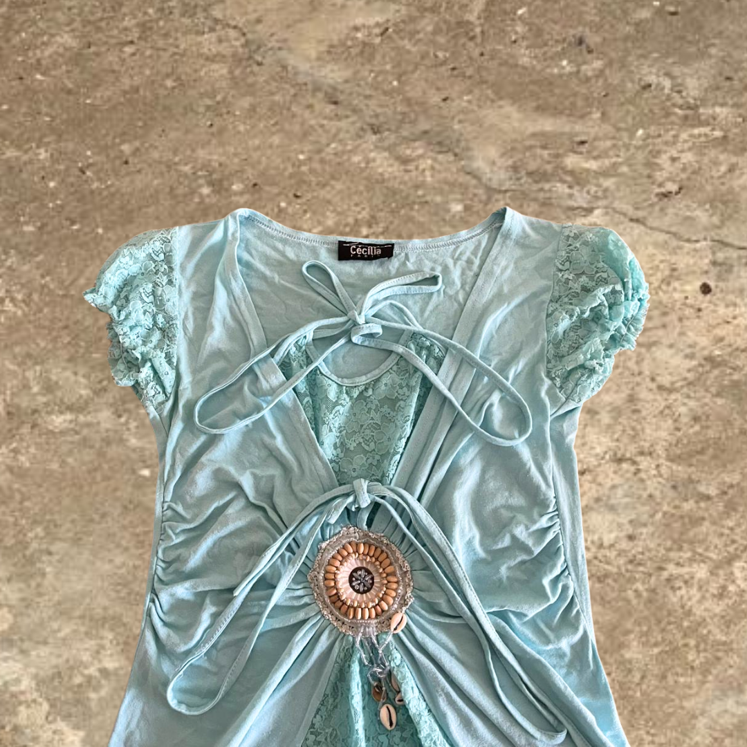 Cecilia Paris Blue Y2K Turquoise Laced Beaded Short Sleeves Top
