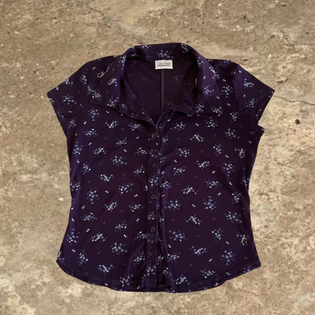 Pimkie Purple Flower Design Short Sleeve Women's button up Top