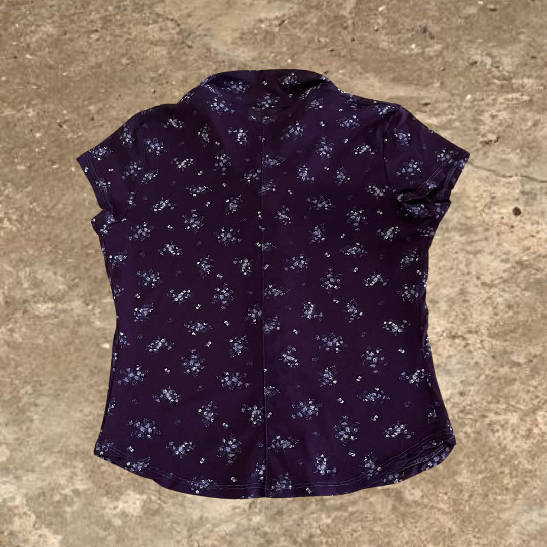 Pimkie Purple Flower Design Short Sleeve Women's button up Top