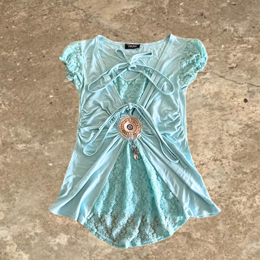 Cecilia Paris Blue Y2K Turquoise Laced Beaded Short Sleeves Top